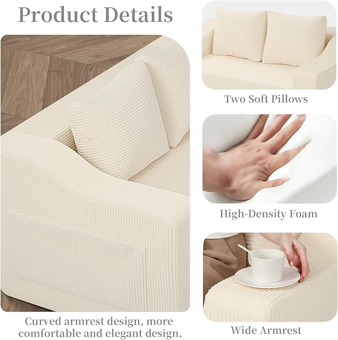 MeMoreCool Convertible Sofa Bed Pull Out Loveseat Sofa Sleeper Couch for Bedroom Living Room Lounge 2 in 1 Small Couch Bed with Pillow Foldable Love Seat Futon Corduroy Beige