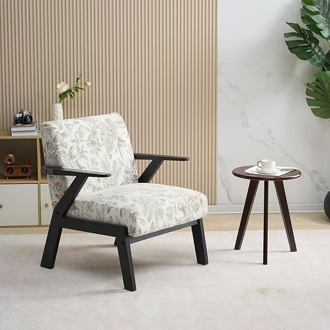 Furniliving Refined Texture Wooden Accent Chair for Living Room Upholstered Embroidery Lounge Chair with Solid Wood Frame Comfortable Reading Armchairs for Bedroom