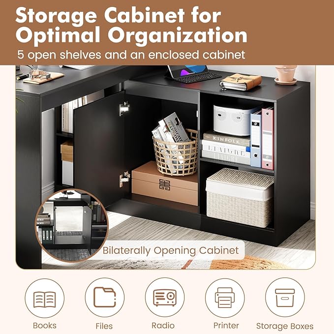 Giantex 48 Reversible L-Shaped Computer Desk Modern Corner Computer Workstation with 2 Doors &amp 4 Open Storage Cubes Large Executive Desk for Home Office White/Black (Black)