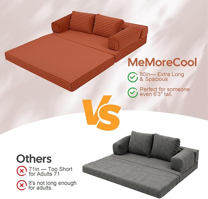 MeMoreCool Convertible Sofa Bed Folding Floor Couch Bed Queen Pull Out Sleeper Couch with Pillows Fold Out Futon Sofa for Bedroom Living Room Small Space Corduroy Orange