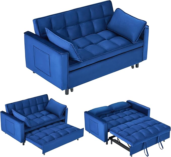 55 Modern Velvet Loveseat Sleeper Sofa 3-in-1 Convertible Pull-Out Bed with Adjustable Backrest 2 Pillows &amp Side Pockets Small Pull Out Couch for Living Room Apartment(Blue)