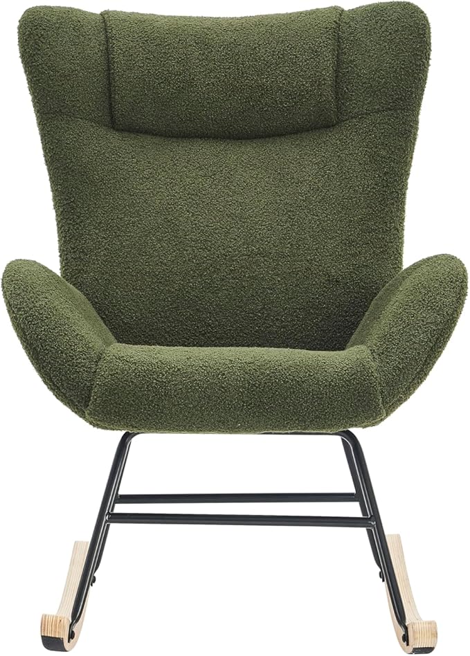 Rocking Chair Nursery Solid Wood Legs Reading Chair with Teddy Fabric Upholstered Nap Armchair for Living Rooms Bedrooms Offices Best GiftGreen Teddy Fabric