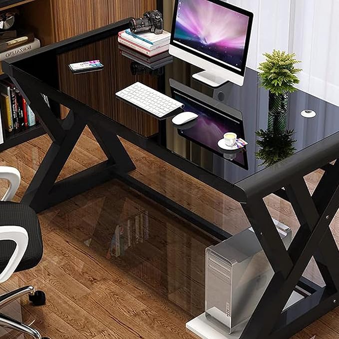 BINGTOO Computer Desk Glass Top Metal Frame 55.1 Home Office Desks &amp Workstation Modern Office Writing Gaming Study Work Glass Computer Table Desk