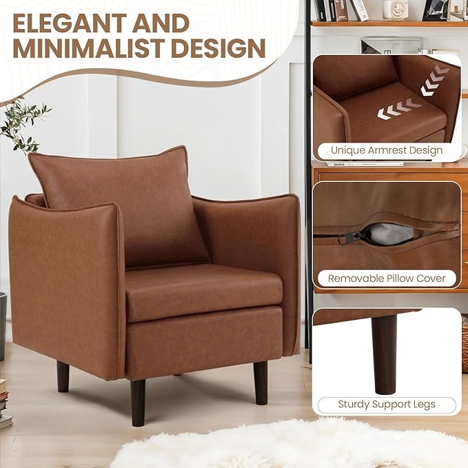 MOJAY PU Leather Accent Chairs Set of 2 Mid-Century Modern Armchair Club Lounge Chair with Removable Pillow &amp Sturdy Legs for Living Room Bedroom Reception Office (Brown)