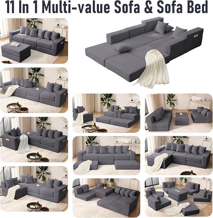 102 Upgraded L-shaped Modular Sectional Couches for Living Room Convertible Oversized Sleeper Sofa Bed-Luxury 1.5 Queen Bed. 11-in-1 Multifunctional Corduroy Boneless Folding Futon Couch Grey.