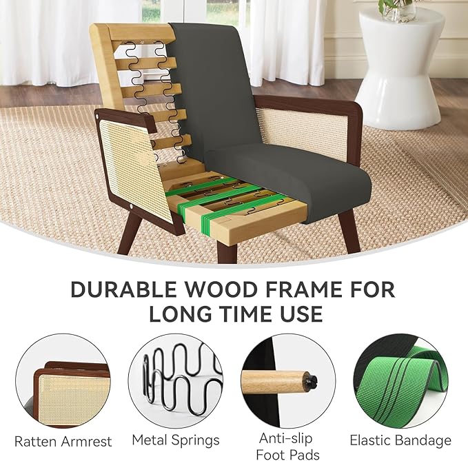 Accent Chair with Rattan Arms Set of 2Dining Chairs with Wood Legs Modern Armchair for BedroomLiving Room and Kitchen Lounge Reading Chair Grey
