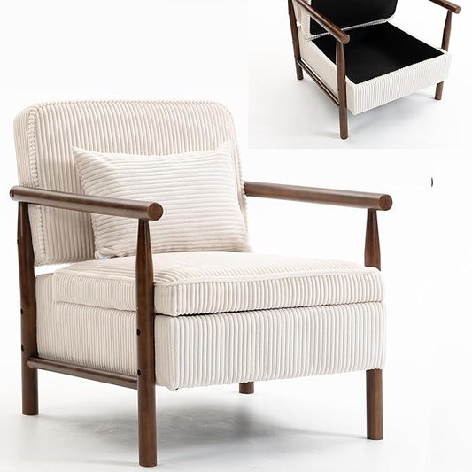 Accent Chair with Storage Upholstered Chair with Removable Cushion Comfy Reading Nook Chairs &amp Cozy Corner Chairs for Small Spaces Living Room Bedroom Corduroy|Vintage|Solid Wood Frame (White)