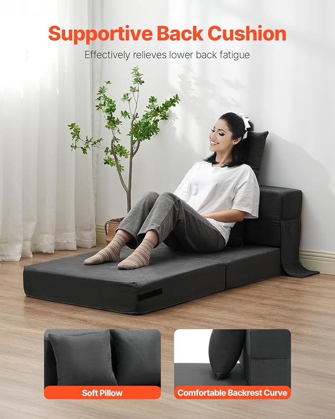 VEVOR Folding Sofa Bed 3-in-1 Foldable Couch Bed with 2 Pillows and Washable Cover 25D High Density Memory Foam Convertible Sleeper Chair Bed Futon Couch for Living Room Bedroom Dark Grey(Single)