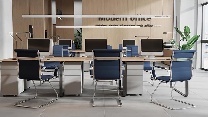 HNY Leather Office Guest Chairs &amp Reception Chairs Set of 6 Modern Waiting Room Chairs with Arms Desk Chair no Wheels with Sled Base for Waiting Room/Conference Room Navy
