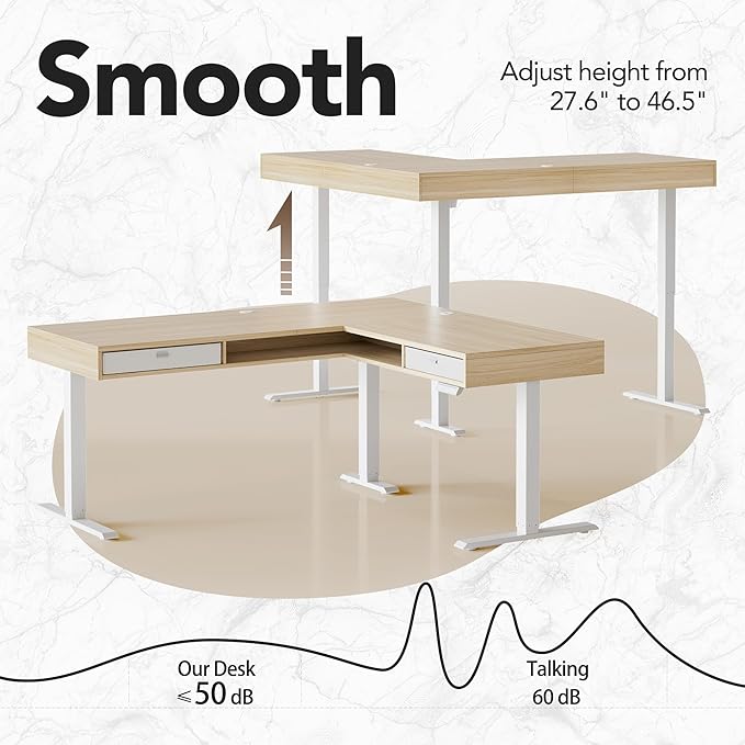 HUANUO U-Shaped Electric Standing Desk with Storage Drawers Adjustable Height Ergonomic Gaming Desk Large Sit Stand Up Desk with Power Strip Tray &amp Cable Grommets for Home Office Light Walnut