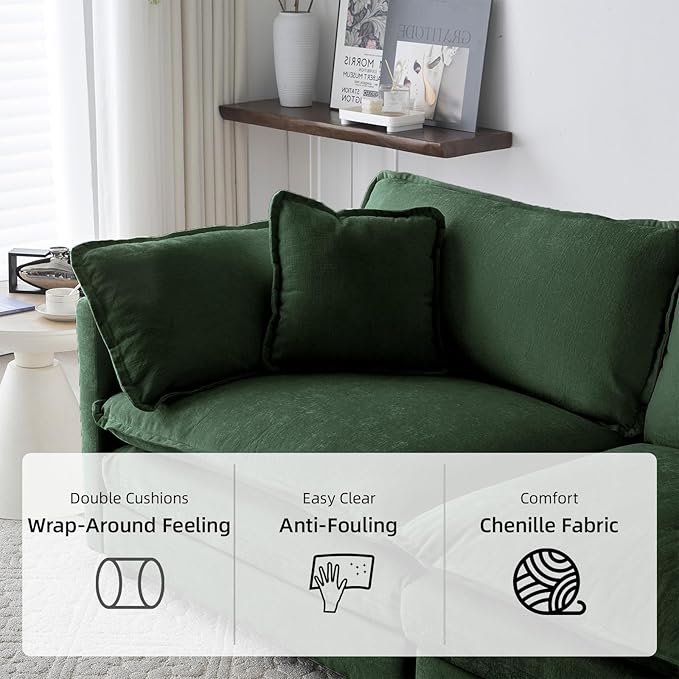 111.5 Modular Sectional Sofa Deep Seat Cloud CouchConvertible 3-Seater Comfy Chenille Upholstered Sofa Set for Living Room Apartment Studio – Green