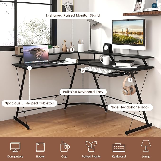 Giantex L Shaped Computer Desk with Power Outlet 51 Corner Computer Desk with Monitor Stand and Reversible Keyboard Tray Modern Gaming Desk with Hook Home Office Desk Workstation (Black)