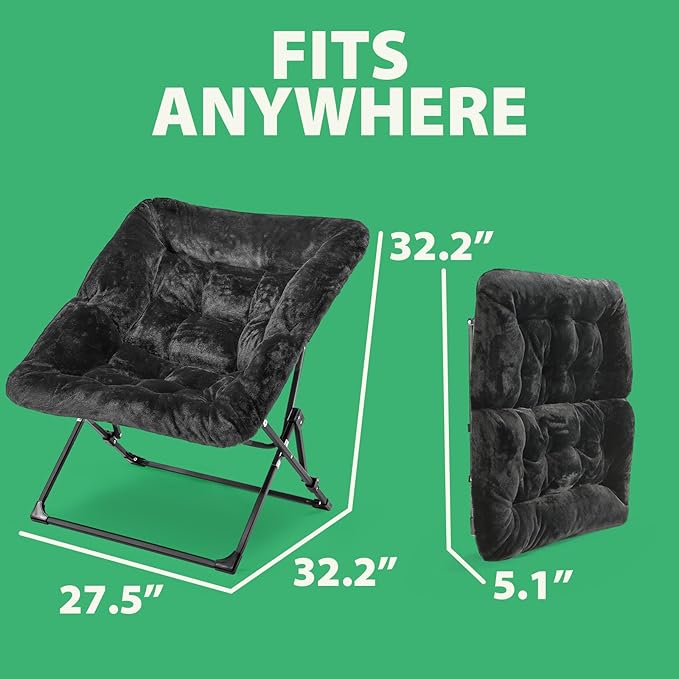 OAKHAM Comfy Chair for Adults Soft Faux Fur Folding Lounge for Bedroom Living Room Dorm Rooms Flexible Reading Chair for Teens Kids X-Large Foldable (Faux Fur-Charcoal Black)