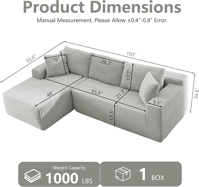 GNIXUU Cloud Sectional Couch with L-Shape Chaise Modern Modular Sofa with Deep Seat Comfy Corduroy Boneless Couches for Living Room Bedroom Apartments No Assembly Required Light Gray