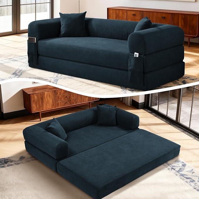 4-in-1 Folding Convertible Sofa Bed 80 Inch Oversized Corduroy Boneless Couch Loveseat Sleeper with Pull Out Bed Floor Sofa Modular Futon Teddy Sofa for Living Room Bedroom Lounge Navy Blue