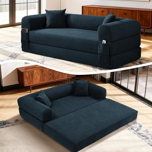4-in-1 Folding Convertible Sofa Bed 80 Inch Oversized Corduroy Boneless Couch Loveseat Sleeper with Pull Out Bed Floor Sofa Modular Futon Teddy Sofa for Living Room Bedroom Lounge Navy Blue