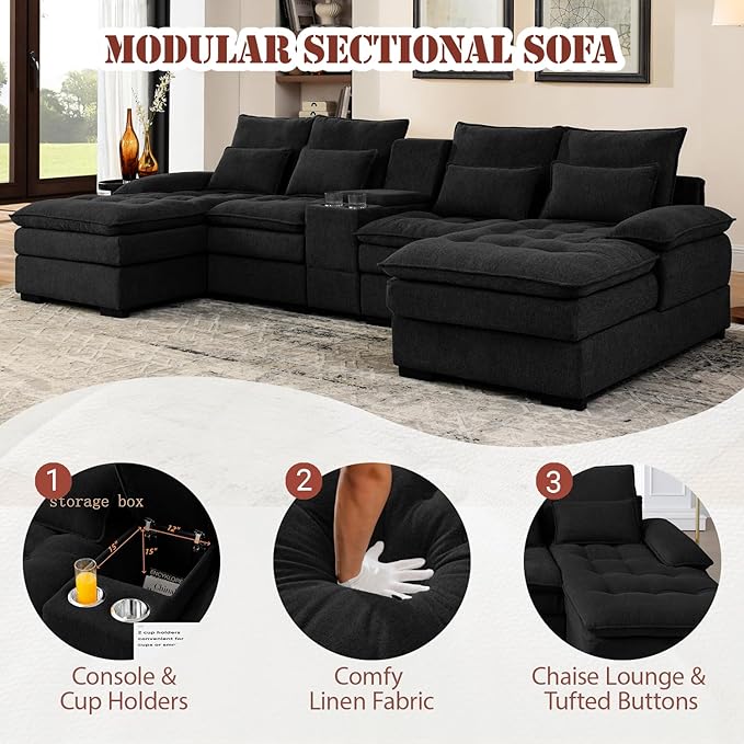 130 U-Shaped Modular Sectional Sofa Oversized Cloud Couches with Storage Console &amp Cup Holders Linen Sofa with Chaise/Pillows 6-Seater Deep Seat Couches for Living Room (Black) | Breathable ma