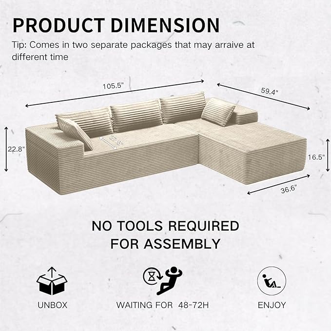 AreShark 105.5 Modular Sectional Sofa L-Shape Modular Cloud Sofa with Deep Seat for Living Room Bedroom Upholstered Couches No Assembly Required Beige Right Hand Facing