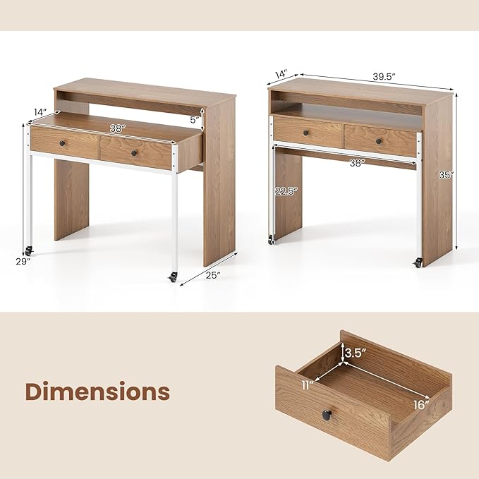 Giantex Small Computer Desk with Hutch &amp Drawers Extendable Writing Desk w/Pull Out Secondary Table Monitor Stand &amp Rolling Wheels Console Table Compact Desk for Small Spaces (Natural)