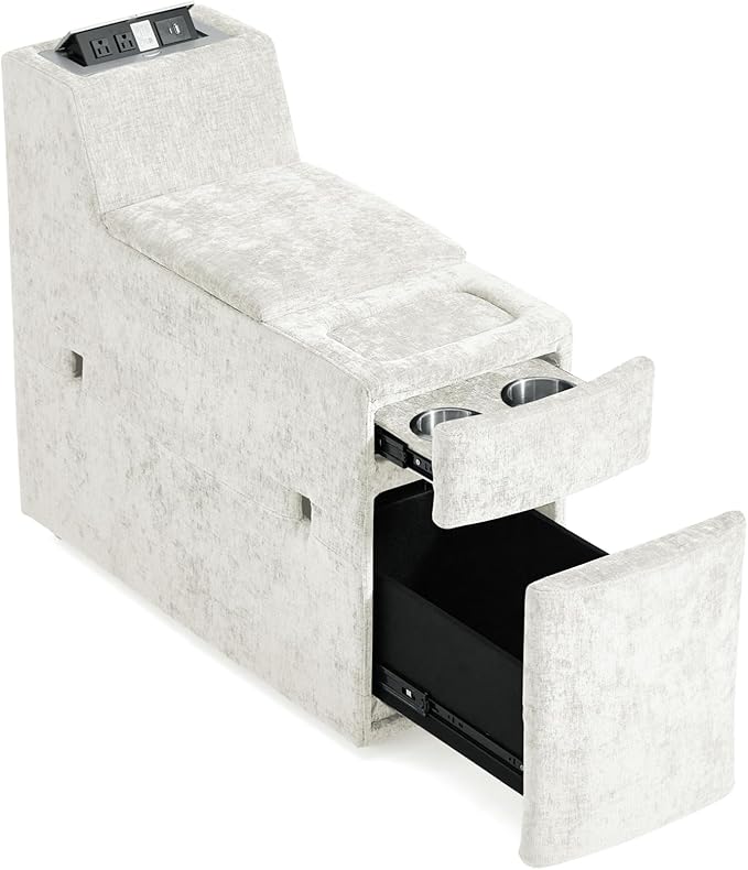 Versatile Console for Olar Oversized Modular Couch Fuctional Side Table Wireless Charging Outlets Cup Holders Storage Drawer Combined with Sofa Seat by U-connectors Chenille White