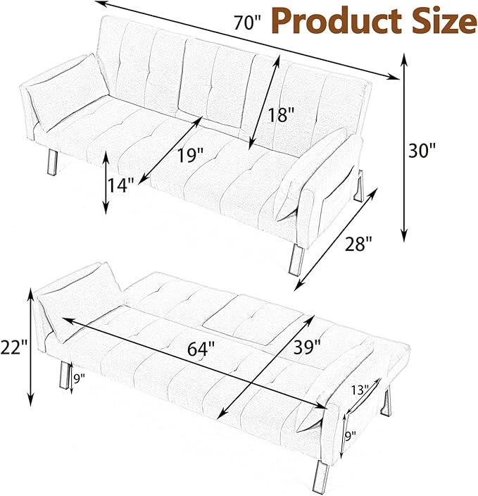 72 Cotton Linen Futon Couch Living Room Couch Bed Convertible Sleeper Sofa Bed with Cup Holder for Bedroom Guest Bed 2 Seater Reclining Sofas Couches with Nailhead Trim for Small Space (DARK GREY)