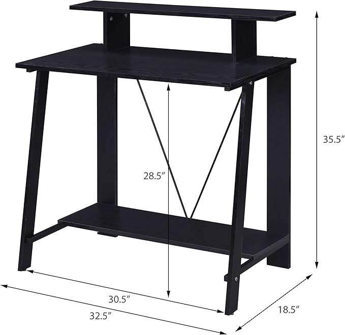 Black Rectangular Writing Desk with Upper Shelf - Storage Desk for Study Office &amp Home