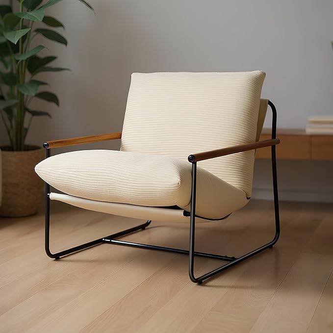 VEVOR Accent Chair Metal Framed Chair with Wooden Armrests Modern Cozy Upholstered Armchair with Soft Foam Cushioning Detachable Cushion for Living Room Bedroom Reading Room Office Beige