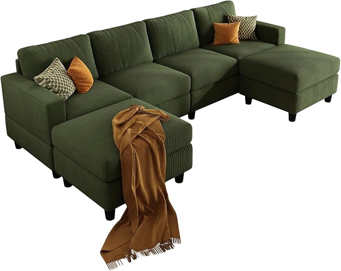 101 Inch Green Corduroy Sectional Sofa U Shaped Sectional Sofa with 2Ottomans 6 Seater Convertible Corduroy Sofa Comfortable Living Room Couch (Green 4 Seat with 2 Ottoman)