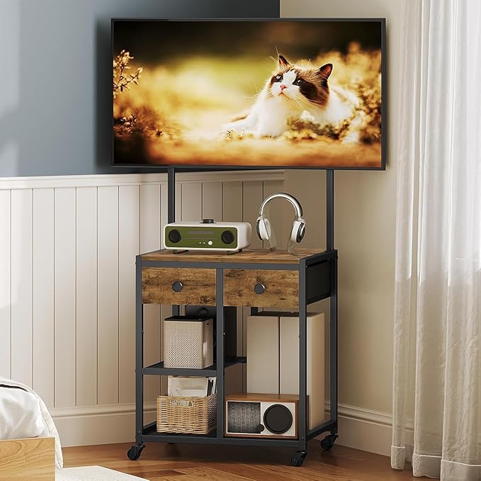 TV Stand with Mount Corner TV Stand with Wheels for TVs up to 50 Inches Rolling Entertainment Center Small TV Stands for Living Room Meeting Room Bedroom Rustic Brown DS08BR