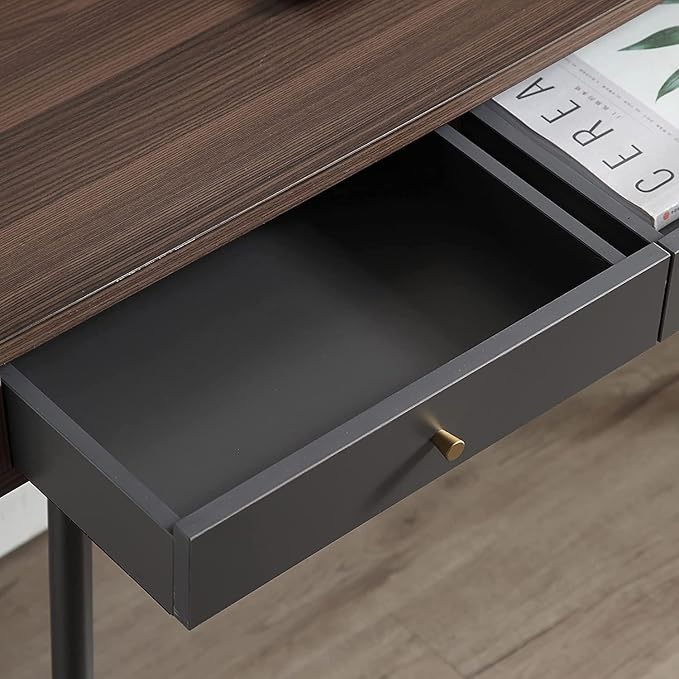 kevinplus Mid-Century Modern Desk for Home Office Bedroom Small Computer Desk Writing Desk with 3 Storage Drawers Metal Legs Walnut &amp Dark Grey