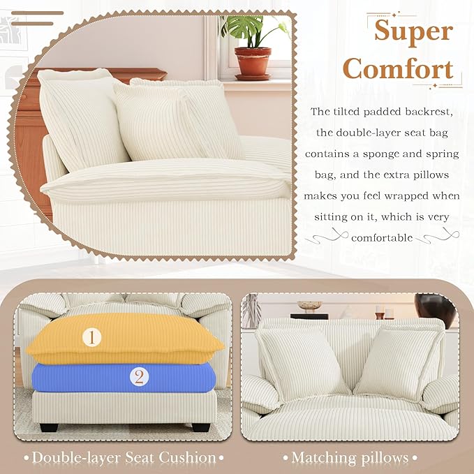 48 W Oversized Chaise Lounge Chair Indoor with Ottoman Upholstered Cloud Accent Chair with Extra Wide Armrests Comfy Green Corduroy Sleeper Chair for Living Room Bedroom Reading (Beige)