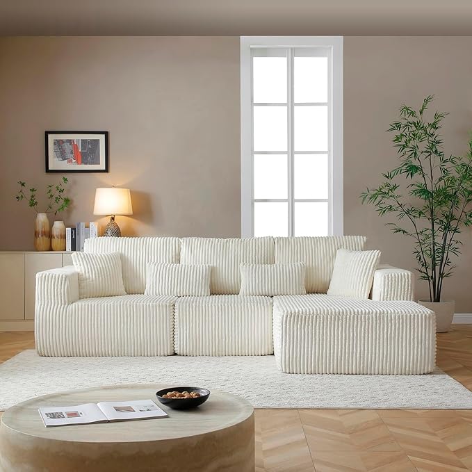 110 Cloud Couch Sectional L Shaped Boneless Couch Sectional Couches for Living Room Modern Comfy Corduroy Fluffy Modular Sofa with Deep Seat No Assembly (White Right Facing Chaise)