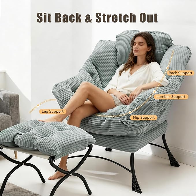 Oversized Lazy Chair with Ottoman for Adults Chair and Ottoman Set Modern Skinny Lounge Chair with Footrest Wide Reading Chair for Living Room/Bedroom Comfy Accent Armchair for Small Spaces Green