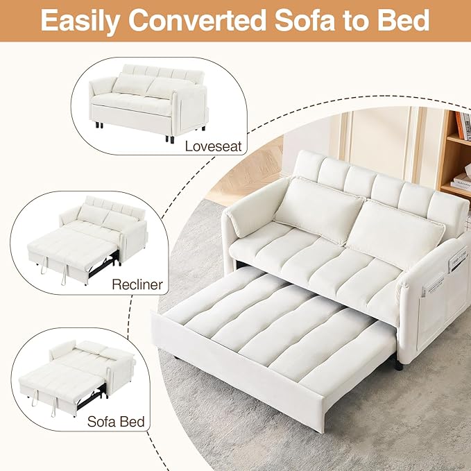 3 in 1 Convertible Sleeper Sofa Bed Modern Velvet Loveseat Pull-Out Couch w/Pullout Bed Small Love Seat Lounge Sofa w/Reclining BackrestToss Pillows Pockets for Living Room