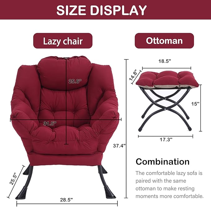 LITA Lazy Chair with Ottoman Modern Accent Leisure Upholstered Sofa Chairs Contemporary Lounge Reading Chairs with Armrests and a Side Pocket for Living Room Bedroom &amp Small Space Burgundy