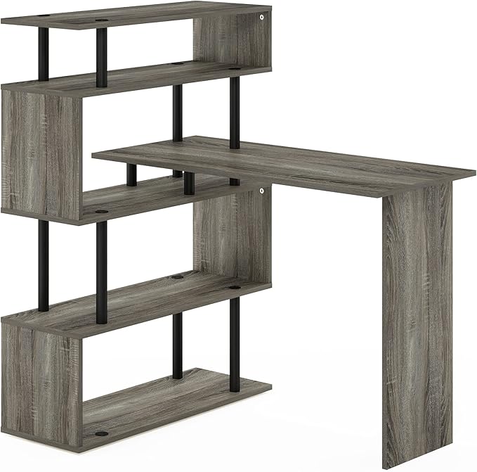 Furinno Classic Desk 40 Wide L-Shape Gaming Desk Computer Desk Writing Desk with 5-Tier S-Shaped Side Shelves for Home Office Study Room Dorm Bedroom French Oak
