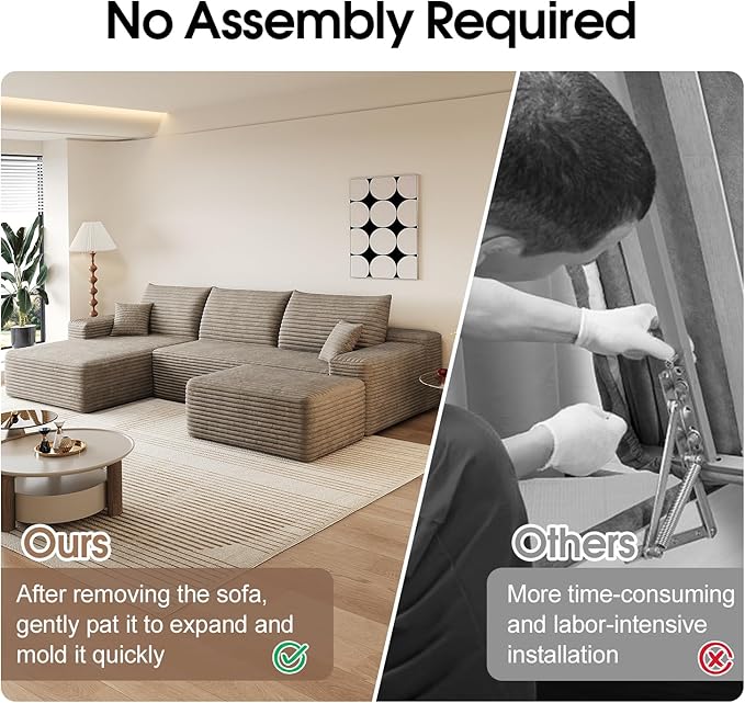 107 Comfy U-Shaped Sectional Modern Boneless Corduroy Couch with Chaise ‌and Ottoman‌ - No Assembly Required! Deep-Seat Upholstered Modular Cloud Sofa for Living Room Plush Corduroy Fabric(Camel)