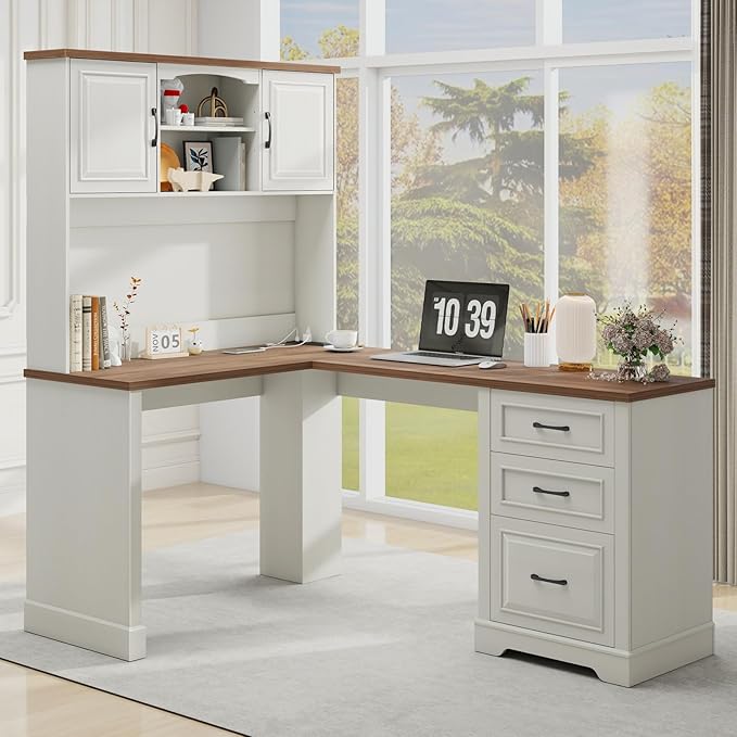 Vabches Farmhouse 68 H L Shaped Executive Desk with Hutch Computer Desk with Charging Station Corner Wood Workstation with File Drawers and Barn Doors for Home Office and Study