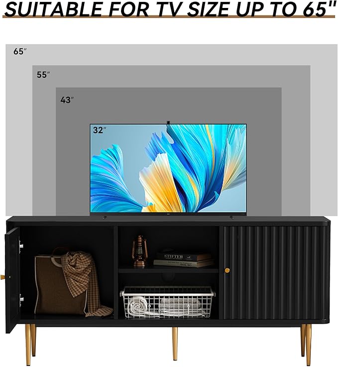 ARTPOWER 55” Fluted TV Stand Mid Century Modern Black TV Stand for 55/60/65 inch TV Entertainment Center with Storage Television Stands TV Console Media Console for Living Room Bedroom (Black)
