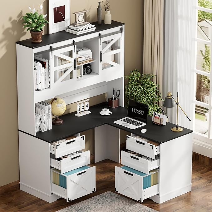 VOWNER 57 Farmhouse L Shaped Desk with Hutch Executive Desk with Charging Station Home Office Desk with Sliding Doors and File Cabinet Wood Corner Computer Desk with Drawers for Home Office White