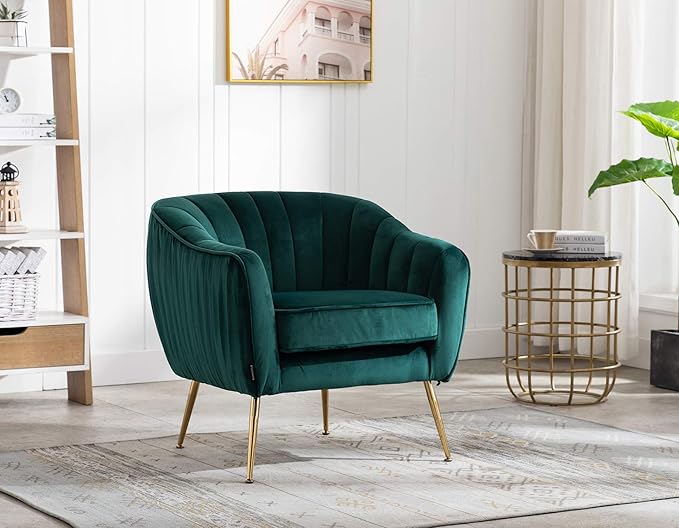 Artechworks Velvet ModernTub Barrel Arm Chair Upholstered Tufted with Golden Legs Accent Club Chair for Living Reading Room Bedroom Green