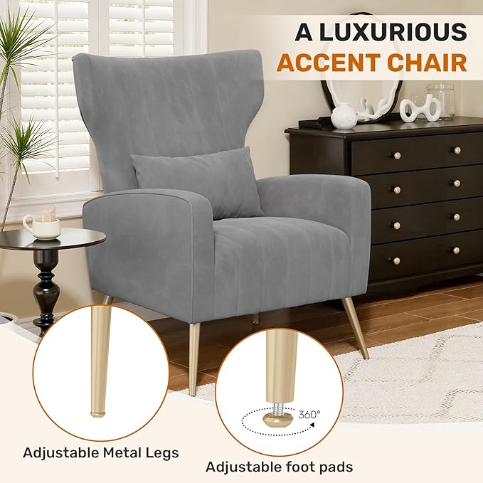 Gary Velvet Accent Chair Set of 2 Wingback Chair for Living Room High Back Arm Chair with Golden Legs Lumbar Pillow Upholstered Single Sofa Bedroom