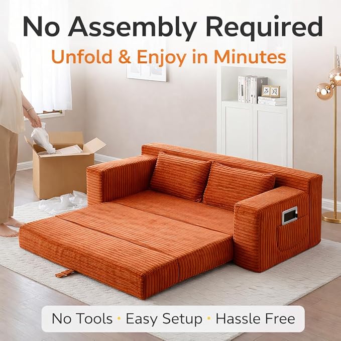73INCH 2 in 1 Convertible Folding Couch Bed Corduroy Sleeper Sofa with Pull-Out Bed No Assembly Floor Sofa for Living Room Apartment &amp Small Spaces (Orange)