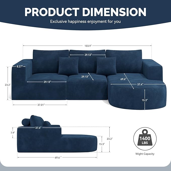 Boneless Couches for Living RoomCloud Sectional Couch with L-Shape ChaiseModern Modular Sofa with Deep Seat Upholstered Comfy Couches for BedroomNo Assembly Required1PCS