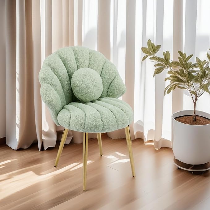 VINGLI Shell-Shaped Teddy Fleece Accent Vanity Chair with BackComfy Green and Gold Desk Chair No WheelsCute Small Pearl Deco PillowGift for Girls/Womenfor MakeupOfficeDiningNailSewingBedroom