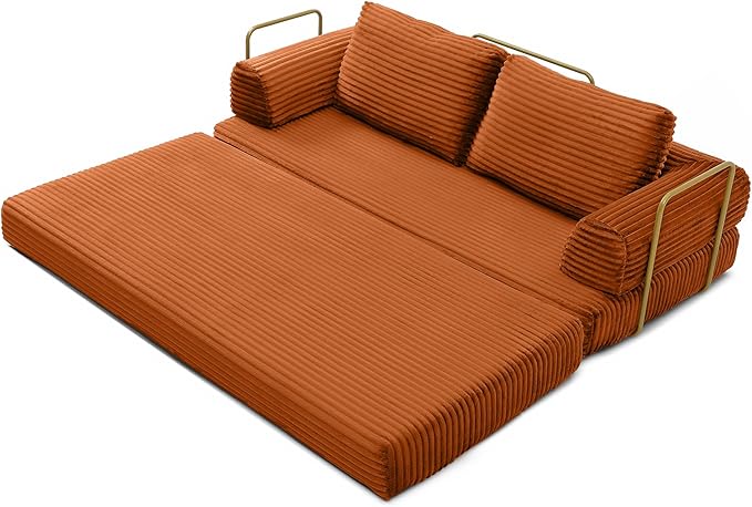 80 Convertible Sofa Bed Modern Corduroy Sleeper Sofa Folding Floor Couch with Golden Fixed-Shape Frame Orange Boneless Loveseat Sofas Bed for Living Room Bedroom No Assembly Needed