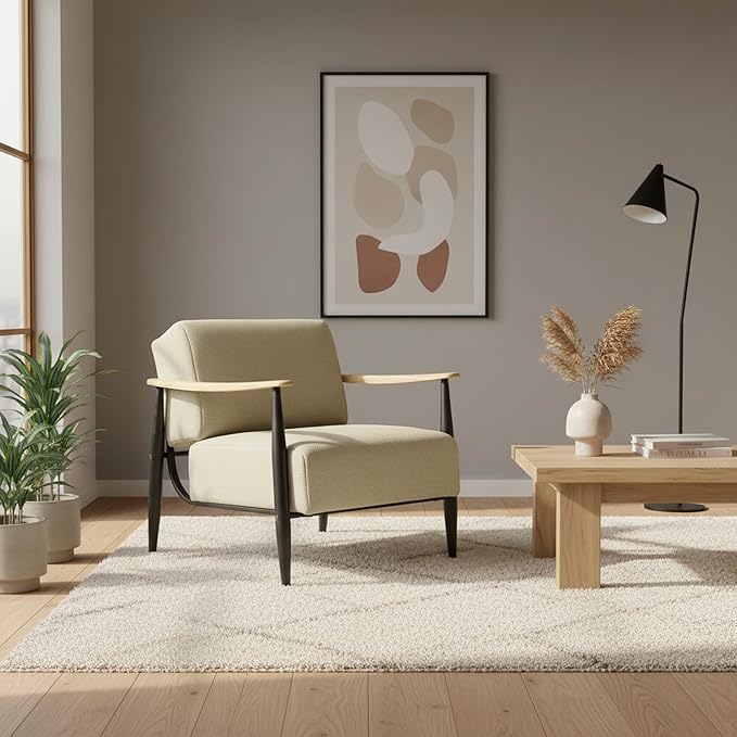 Homy Casa Mid-Century Modern Accent Chair with Fabric Upholstery Solid Wood Armrests and Sturdy Metal Frame Comfy Lounge Chair for Living Room Bedroom Reading Corner or Office (Beige-Oak)