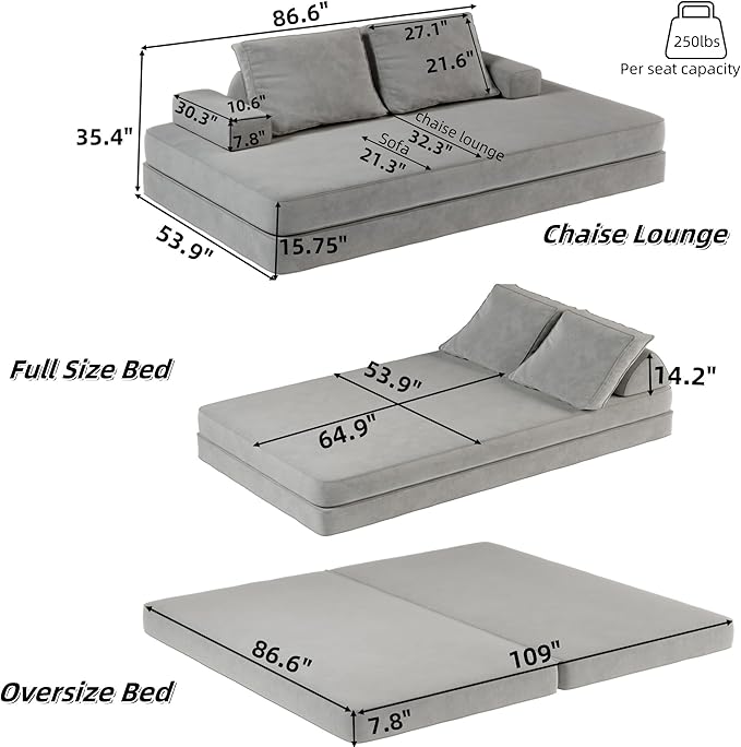 Folding Convertible Sofa Bed 86.6 Inch Chenille Boneless Couch Loveseat Sleeper with Pull Out Bed DIY Floor Sofa Futon Couchs for BedroomLight Gray