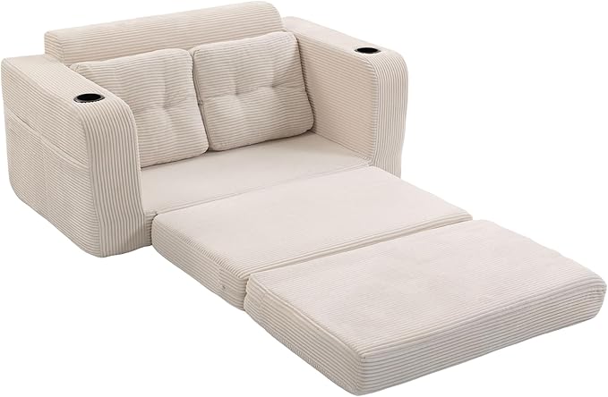 54 Convertible Sofa Bed 2-in-1 Boneless Folding Couch Bed with Cup Holder &amp Pocket Corduroy Fold Out Floor Couch with Pillows for Living Room Bedroom Small Spaces (Beige)