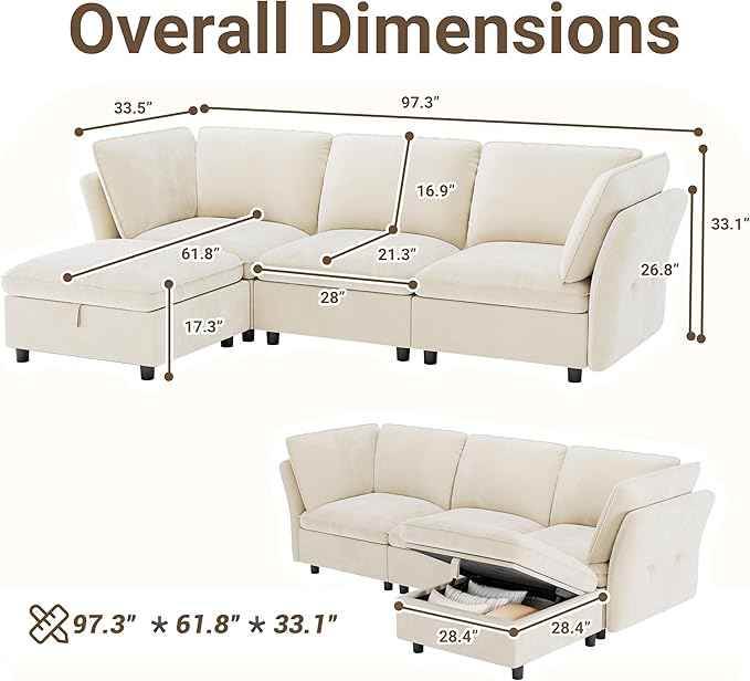 IDEALHOUSE 97 Modular Sectional Sofa L-Shaped Modular Couch with Storage 4-Seater Comfy Cloud Couch with Movable Ottoman Deep Seat Modern Sectional Couches for Living Room Bedroom Beige